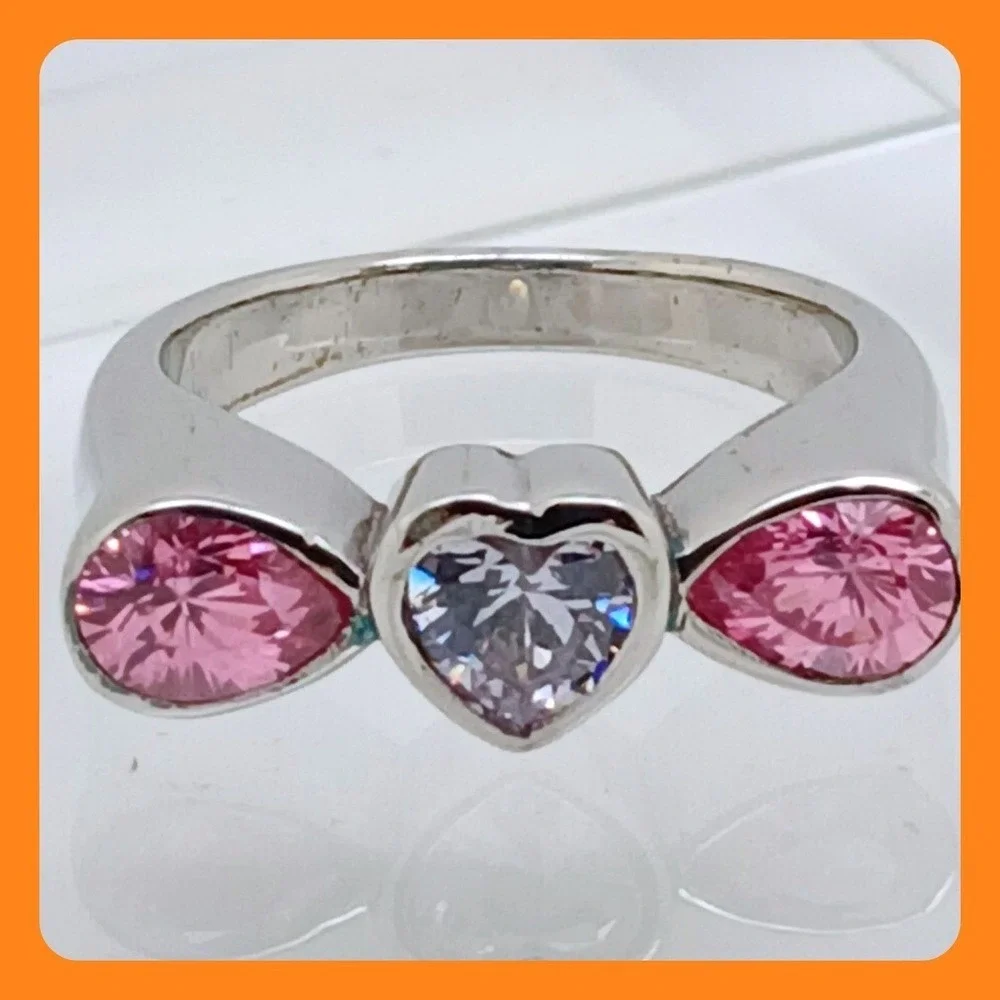 Rare New Vintage‎ 90s Pink Ice Heart Ring Sterling Silver 925 CZ Size 8.75